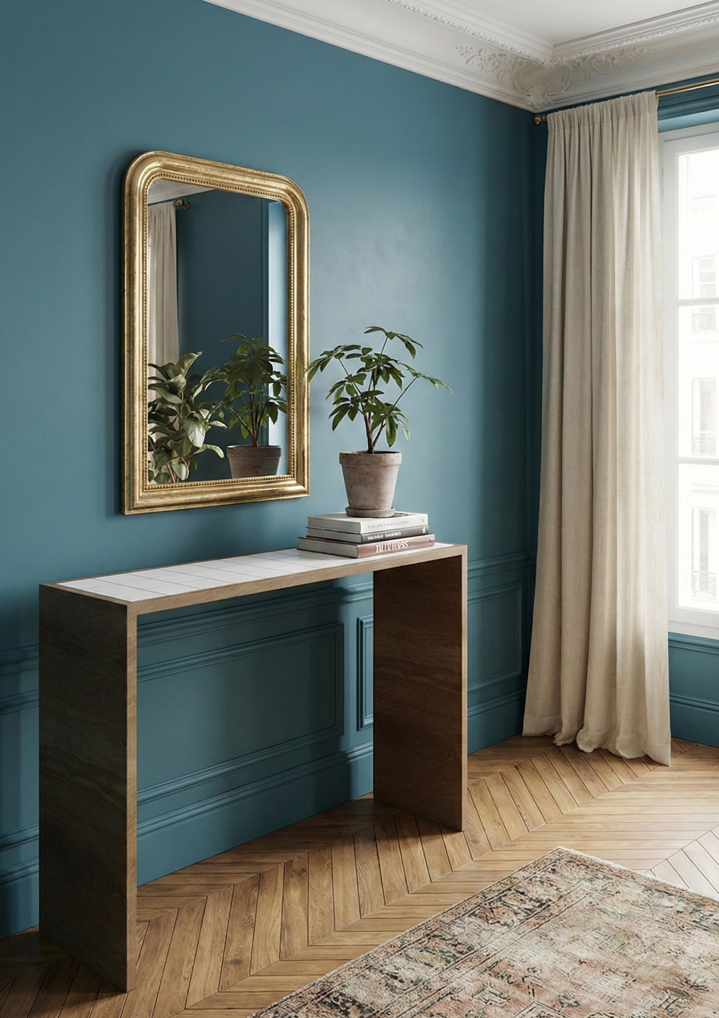 Console en noyer et plateau en zellige pieds massifs