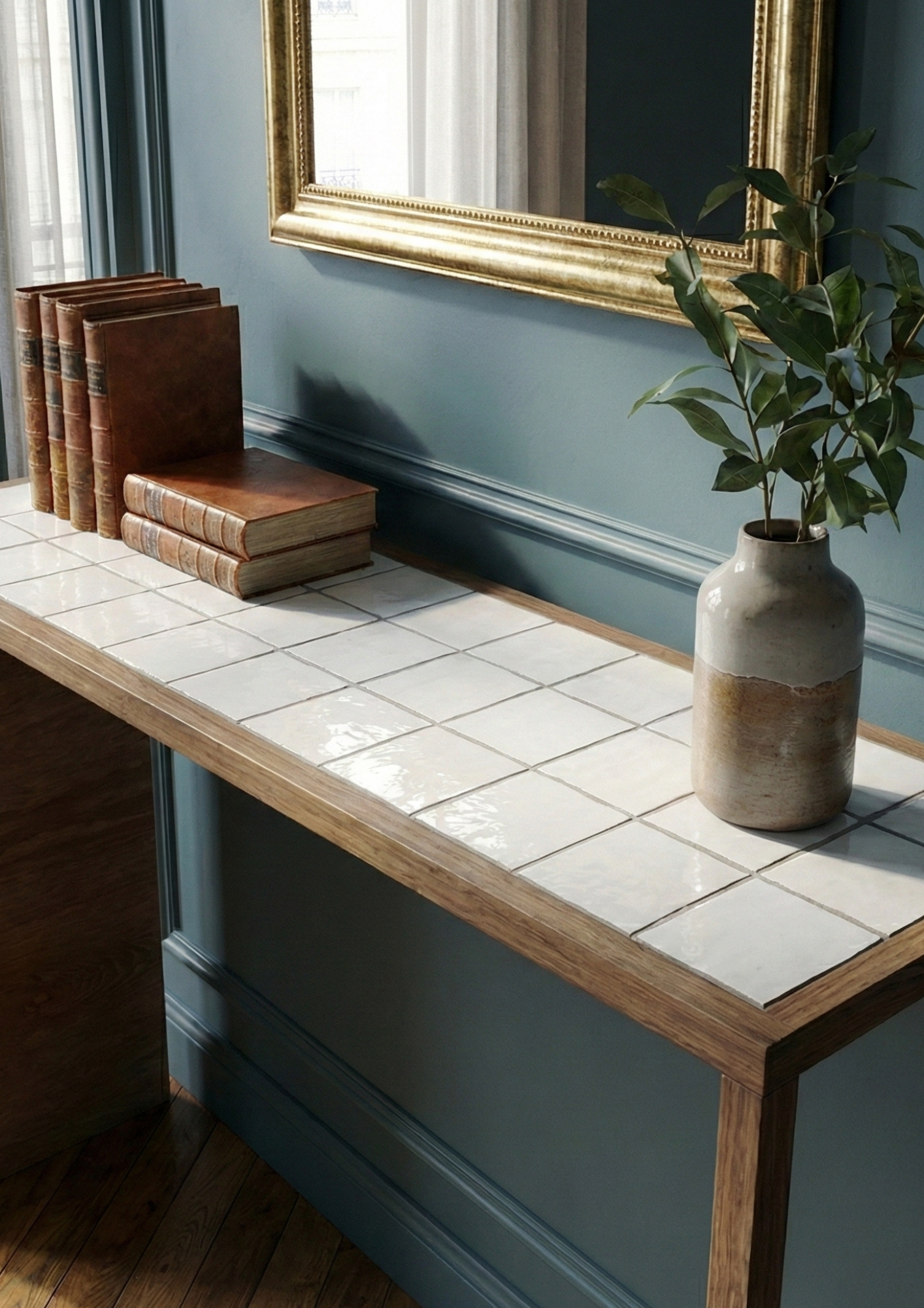 Console en noyer et plateau en zellige