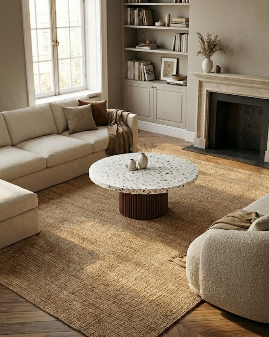 Table basse en bois massif et plateau en terrazzo