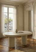 Table oval en microciment cirée et pieds rainurés