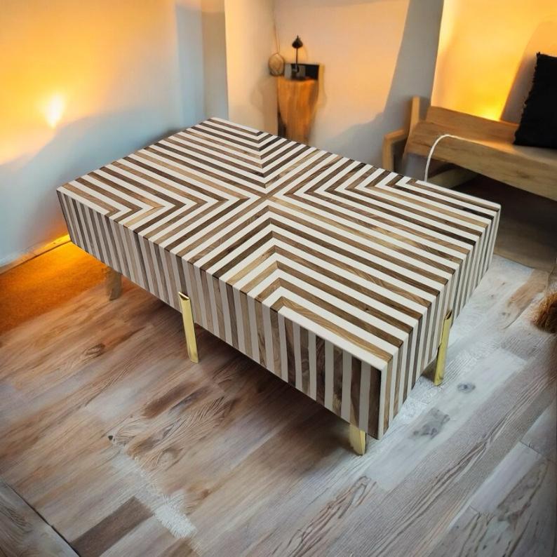 BABYLON - Table basse carré de salon en noyer massif et résine