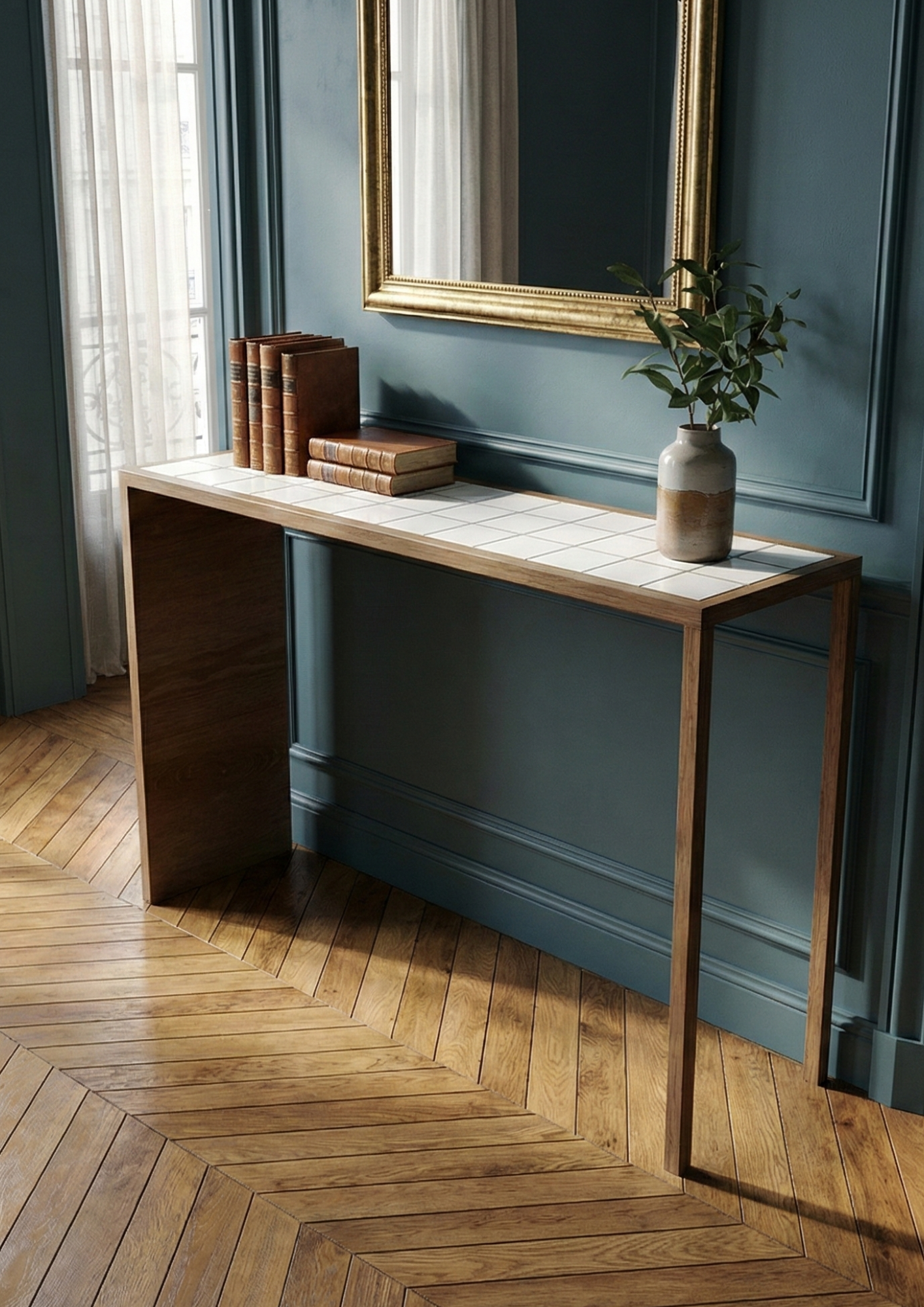 Console en noyer et plateau en zellige