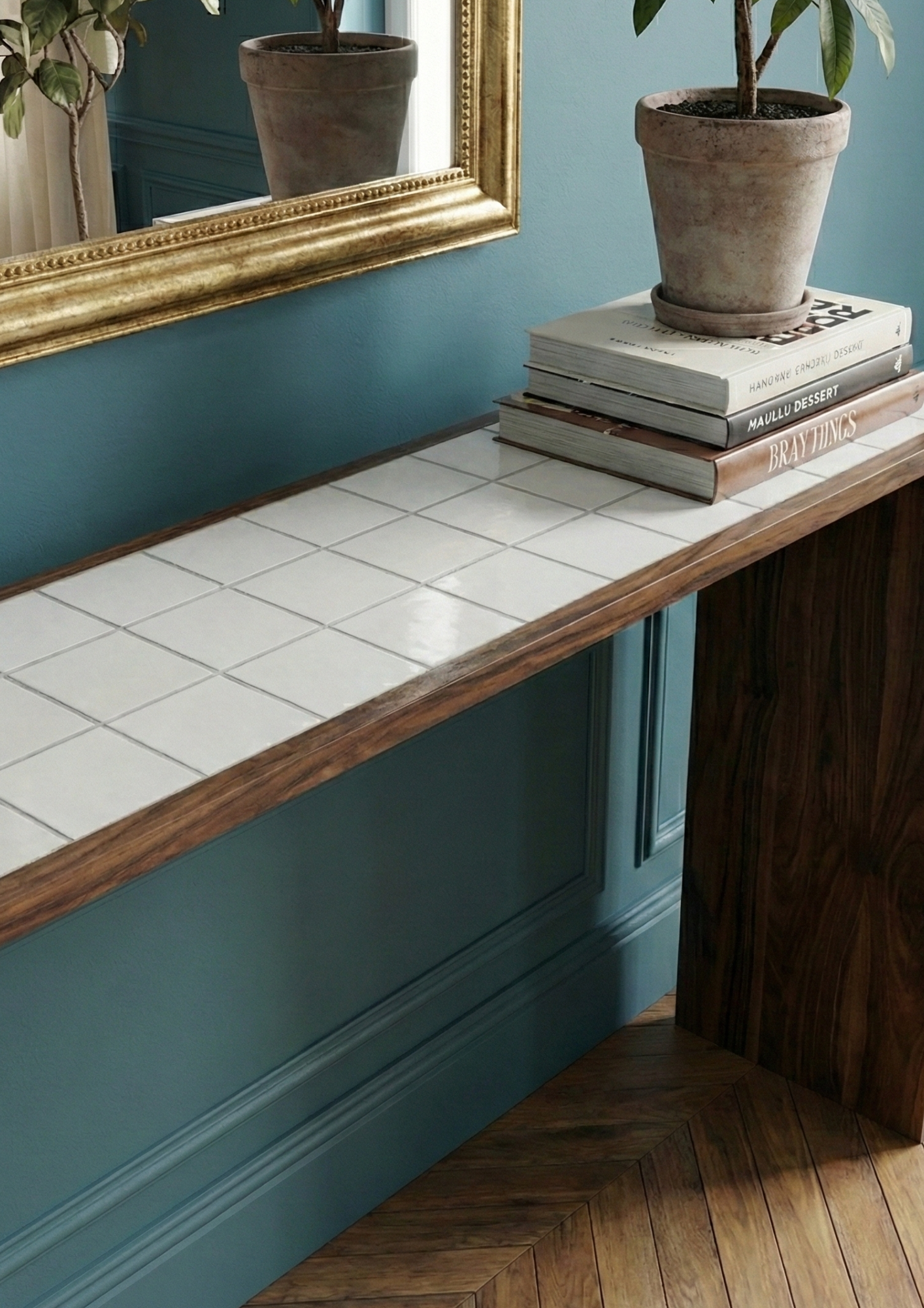 Console en noyer et plateau en zellige pieds massifs