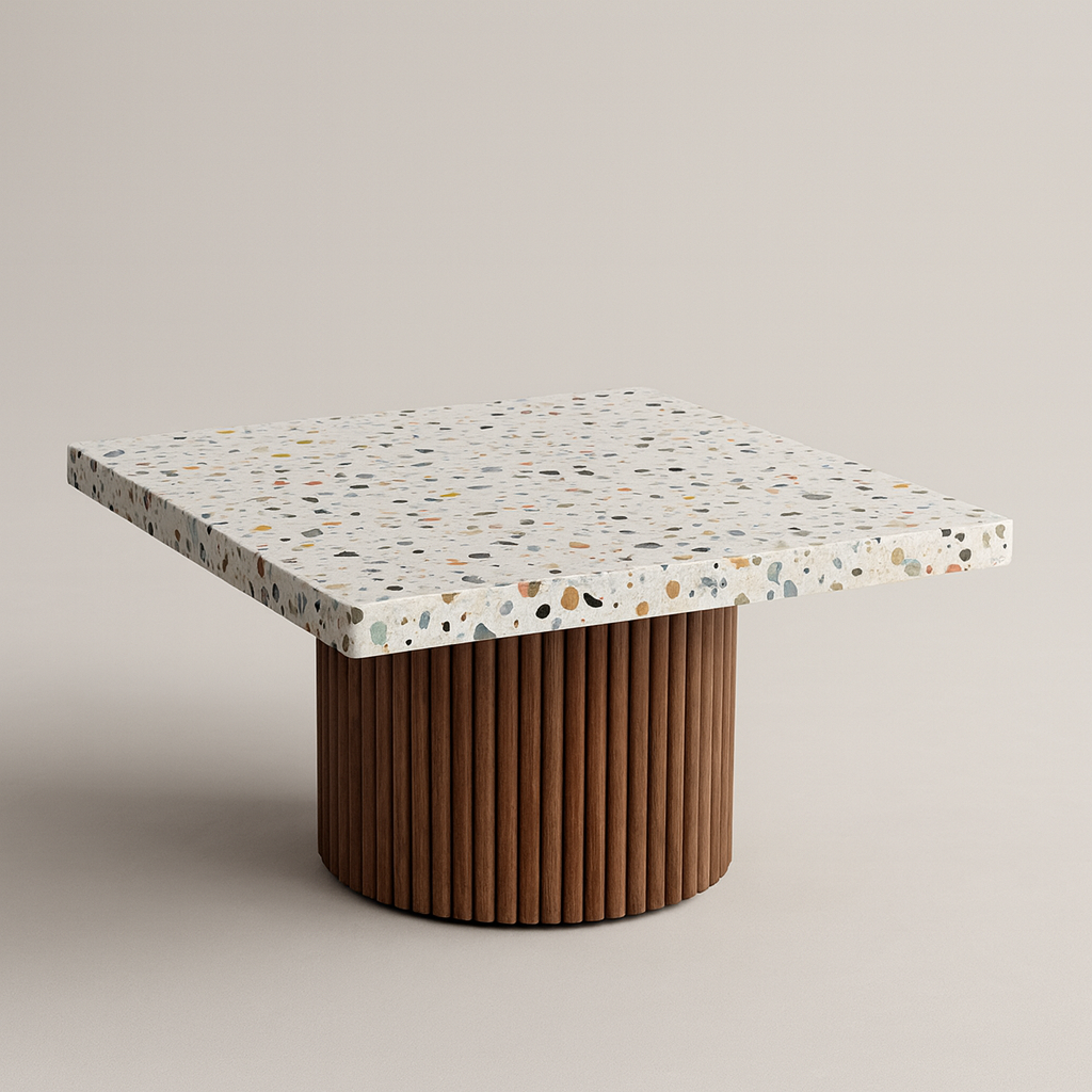 Coffee table with terrazzo top and wooden base on a beige background