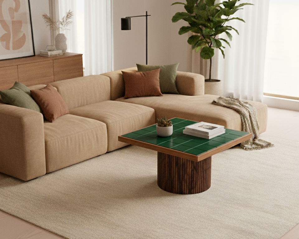 Modern living room with beige sectional sofa, green coffee table, and decorative elements.