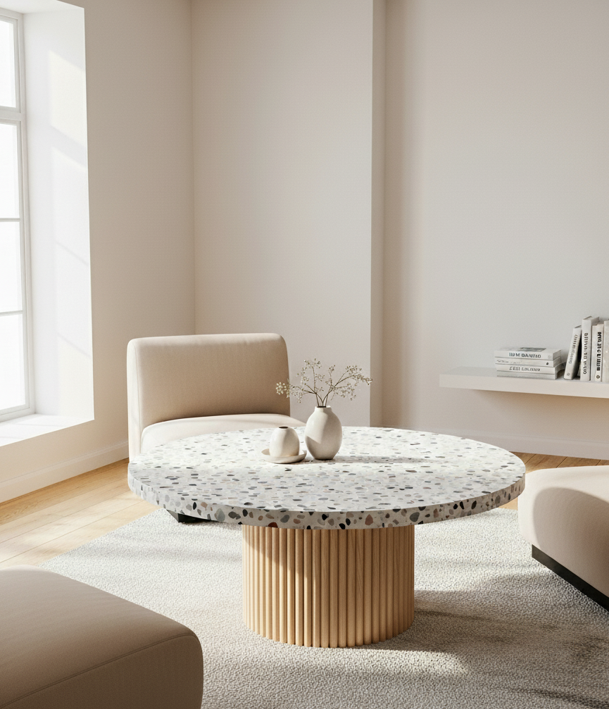 Modern living room with a round terrazzo coffee table and chair.