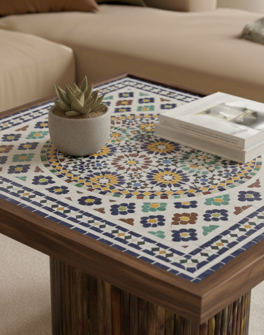 Decorative mosaic table with a plant and books on a beige sofa background