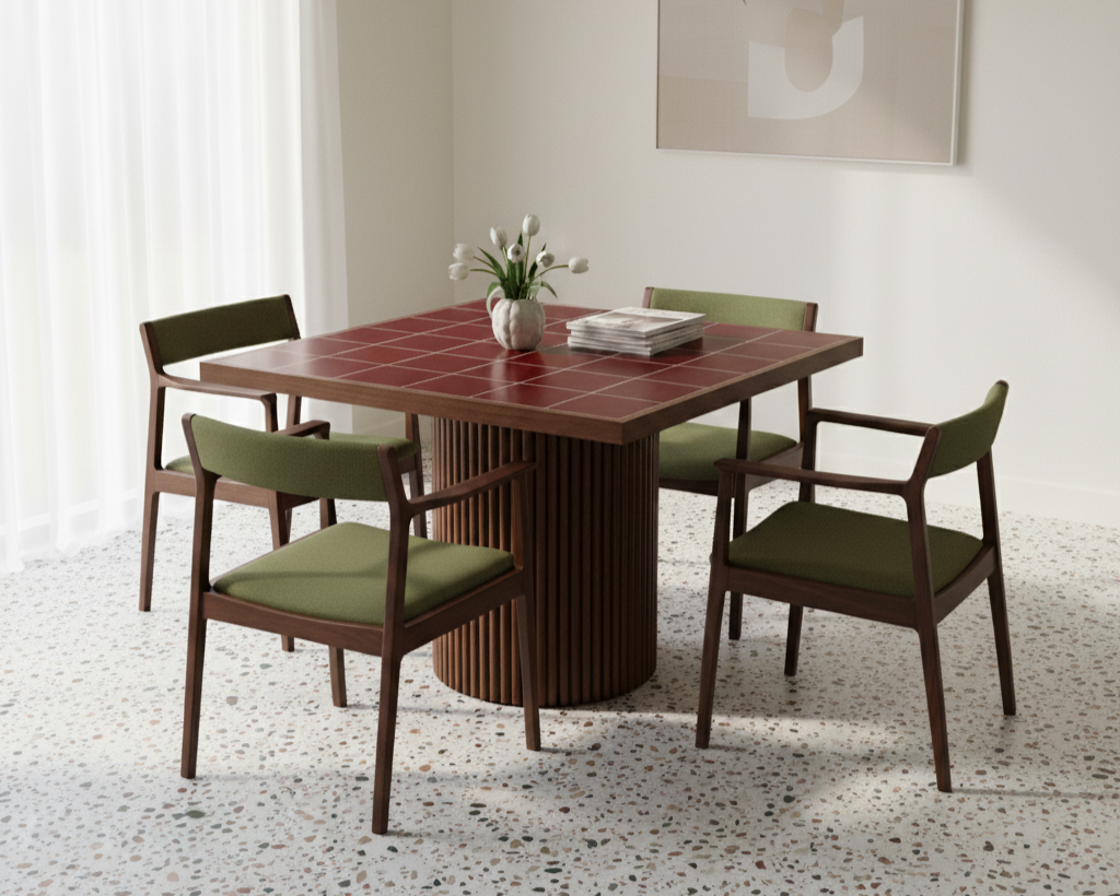 Dining table with four chairs in a room with a light-colored wall and a framed picture.