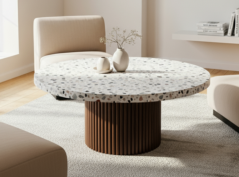 Round coffee table with a terrazzo top and wooden base in a living room setting.