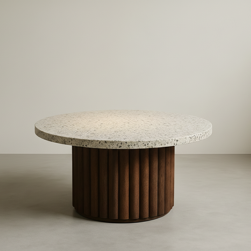 Table basse en bois massif et plateau en terrazzo