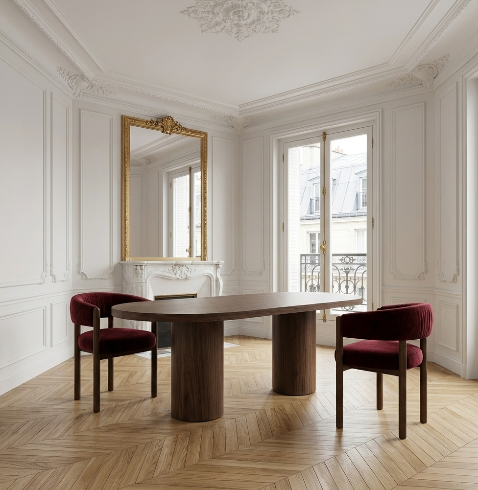 Table en bois massif et plateau ovale
