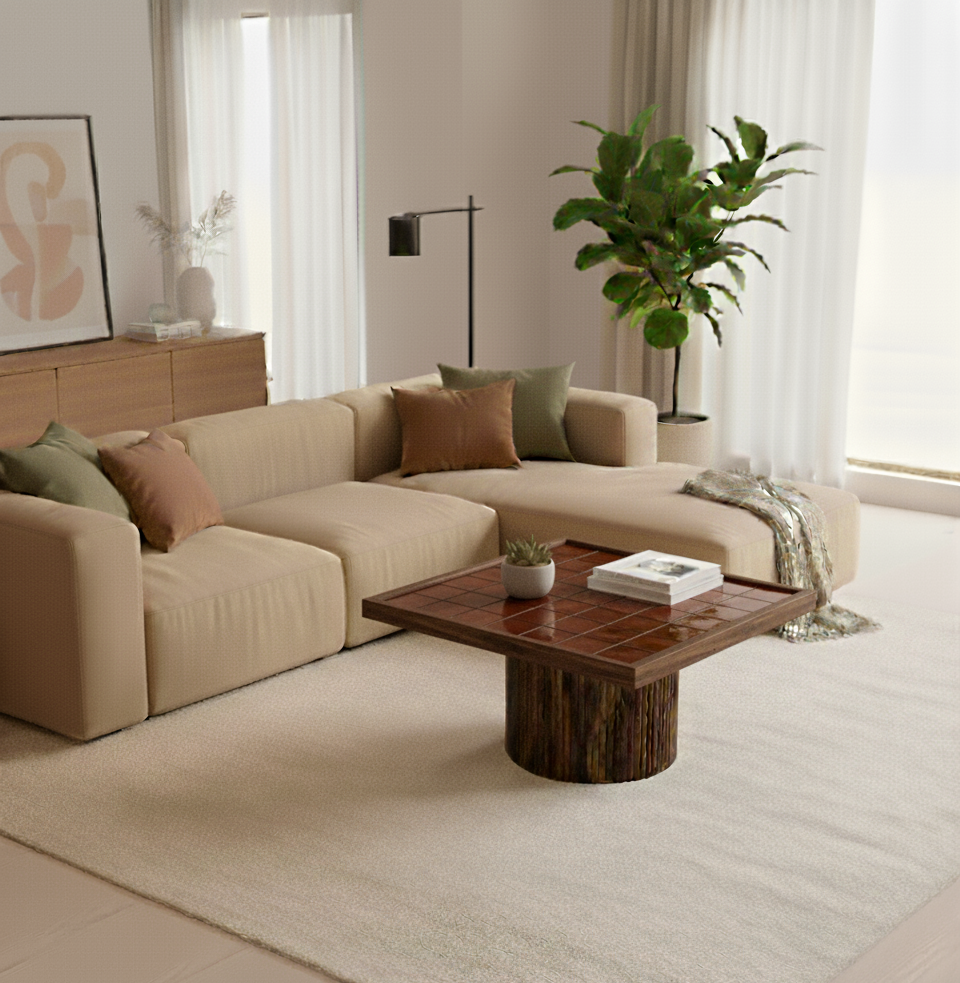 Modern living room with beige sectional sofa, wooden coffee table, and decorative elements.