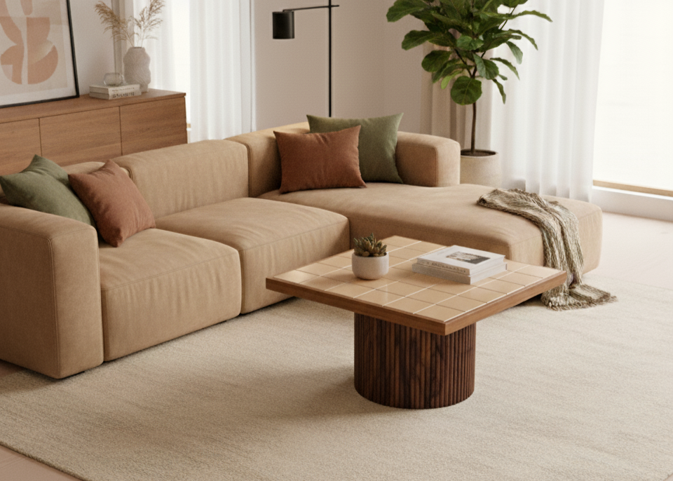 Modern living room with beige sectional sofa, wooden coffee table, and decorative elements.