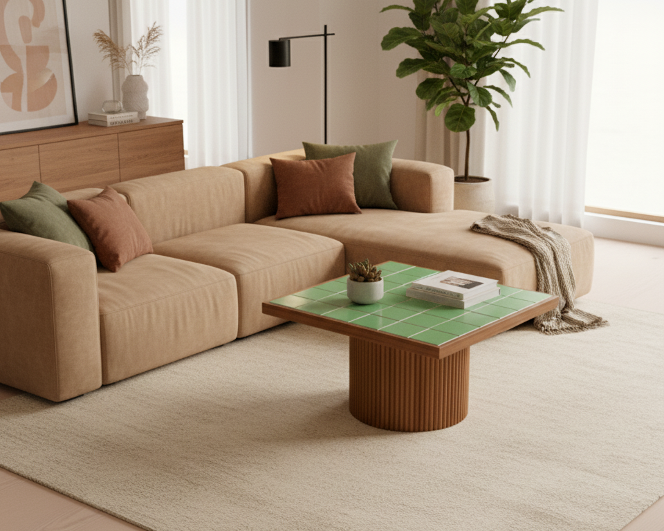 Modern living room with beige sectional sofa, green coffee table, and decorative elements.