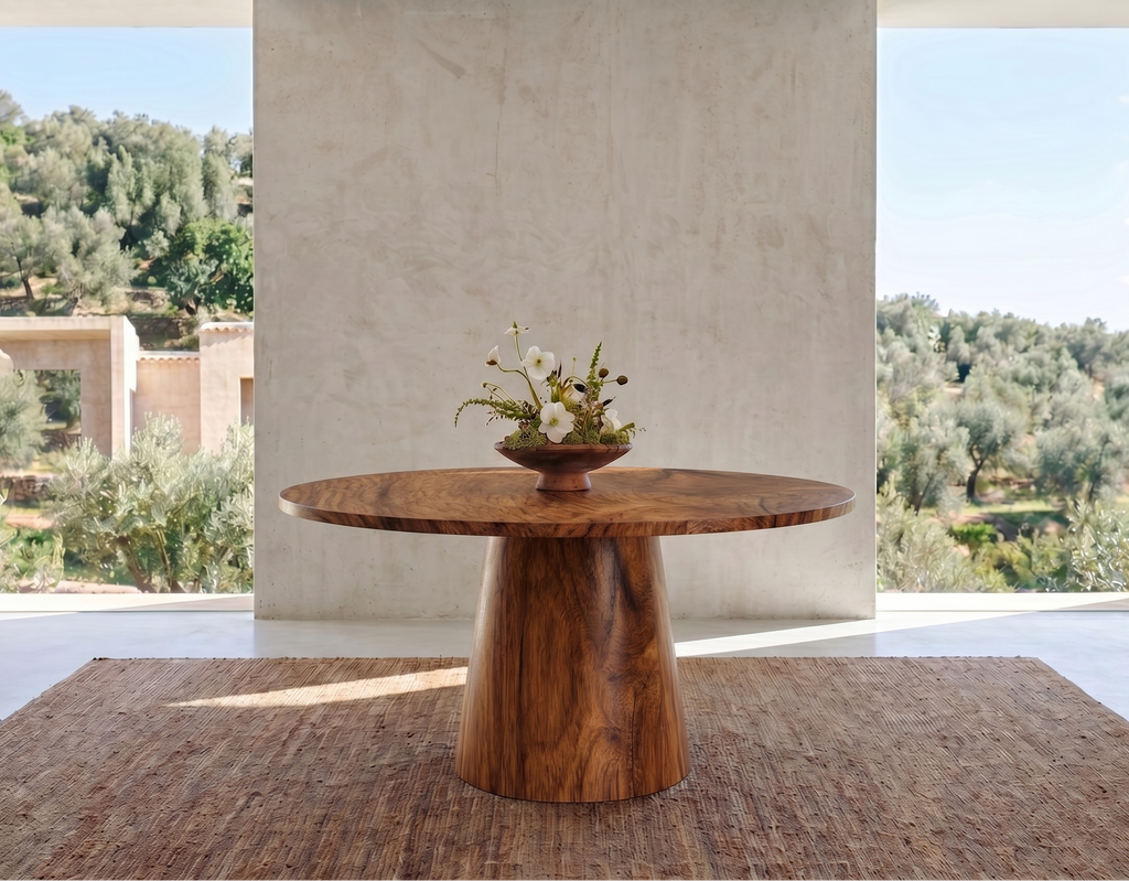 Table ronde en bois non massif et pied en cône