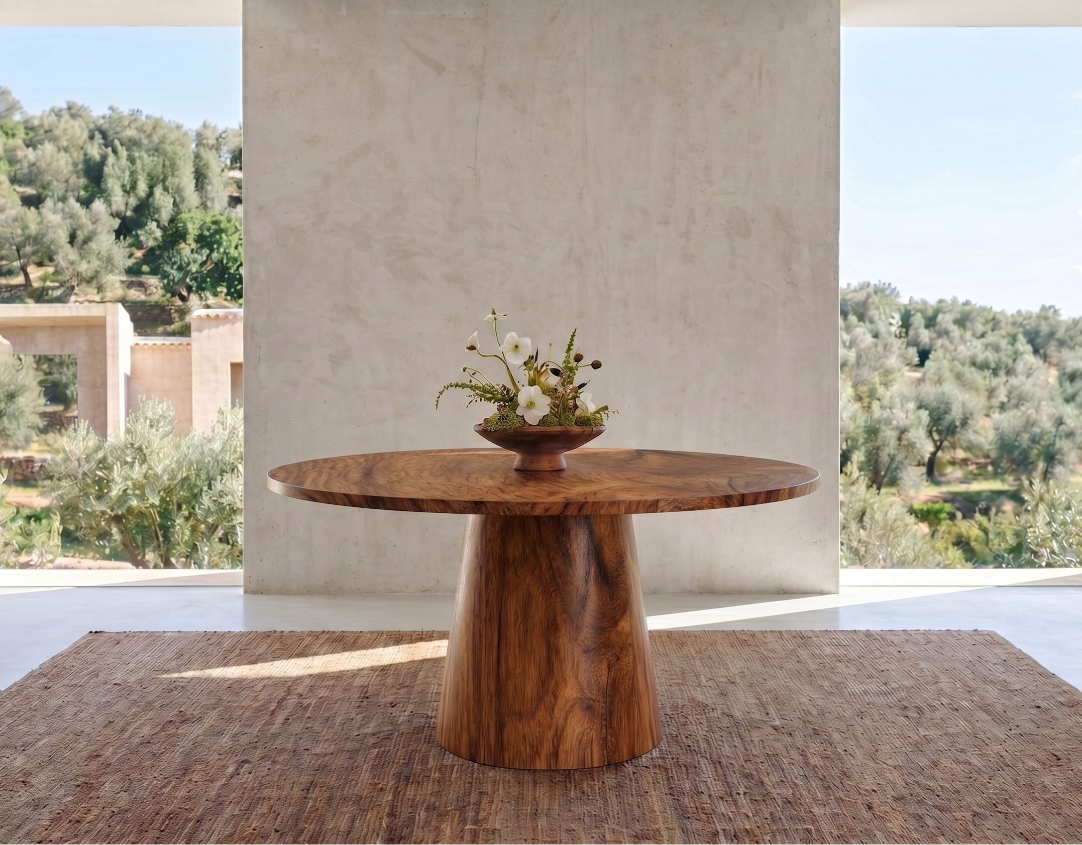 Table ronde en bois non massif et pied en cône