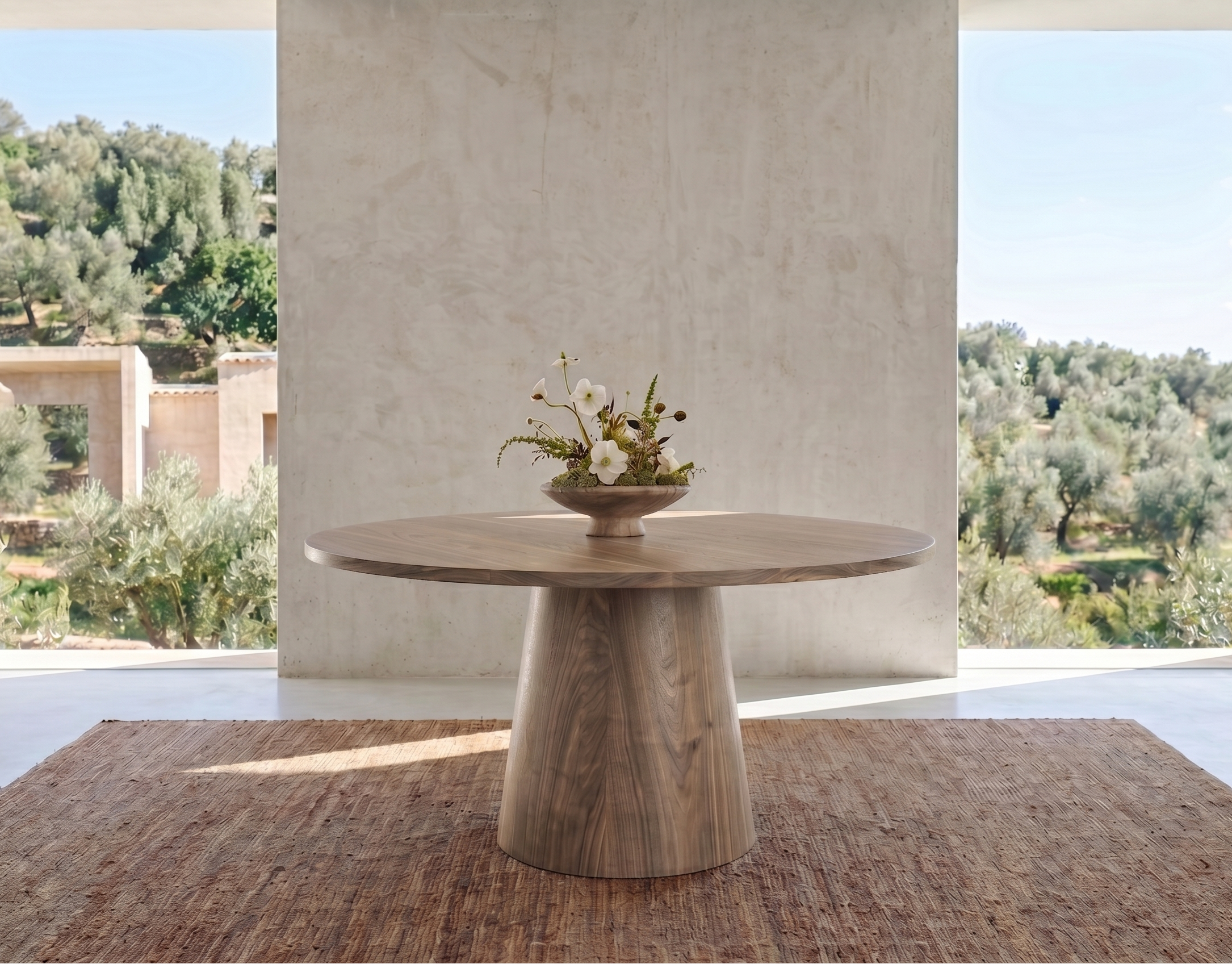 Table ronde en bois non massif et pied en cône