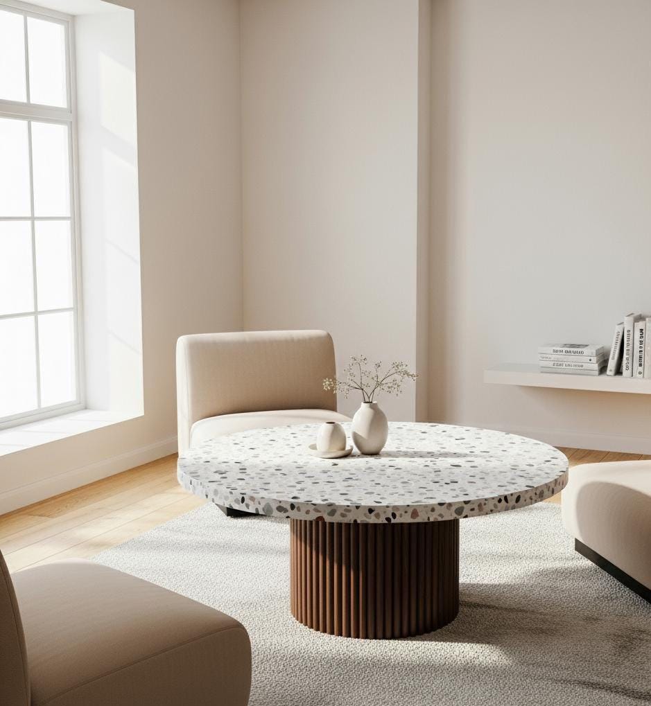 Modern living room with a round terrazzo coffee table and beige armchair.