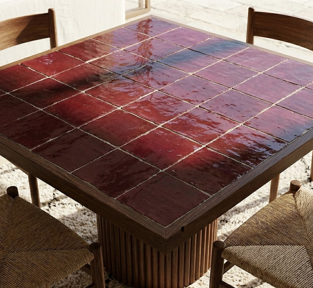 Table en noyer et plateau en zellige