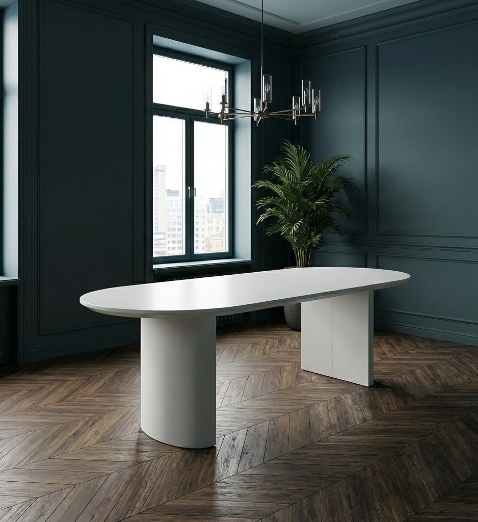 Table ovale en microciment ciré et pieds demi lune