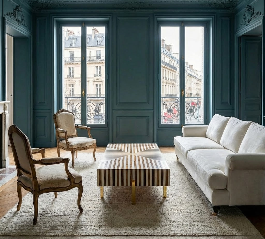 BABYLON Table basse en noyer et rayures résine