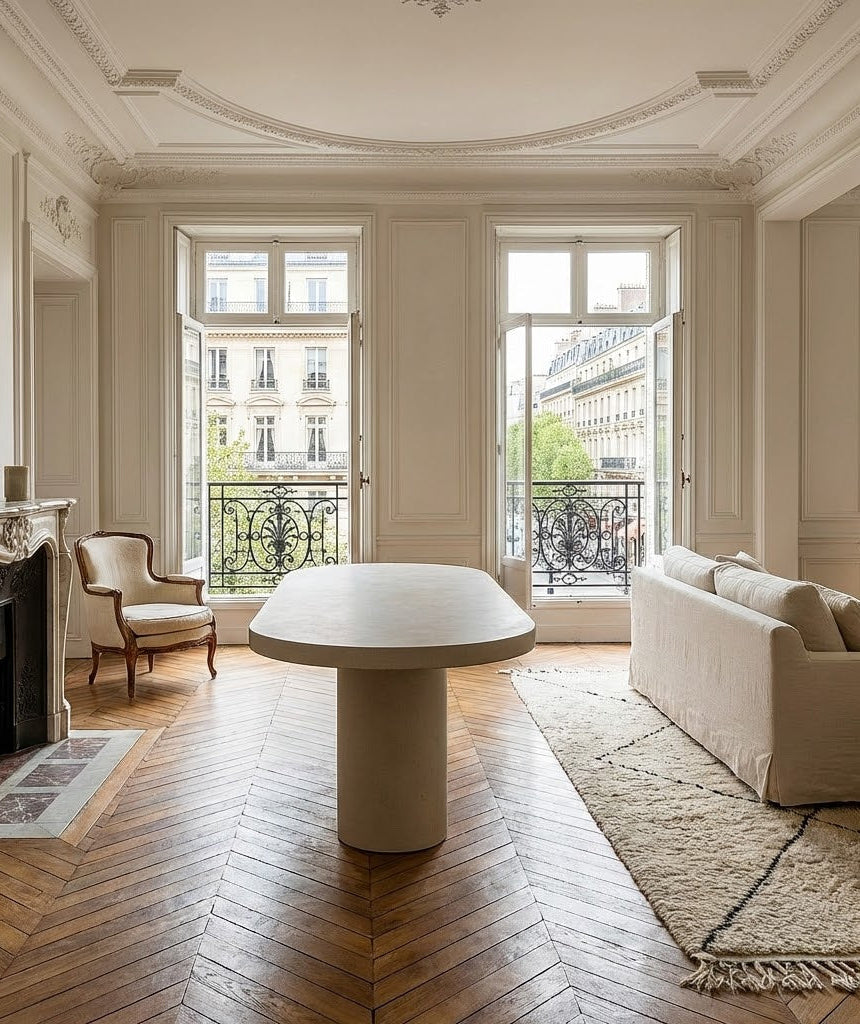 Table ovale en microciment pied central oval
